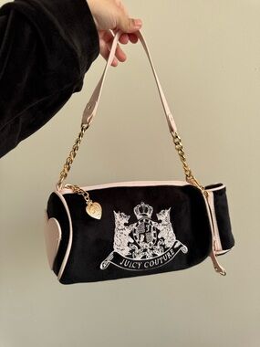 Juicy Couture Black Velvet Mini Barrel Bag with Light Pink Trim